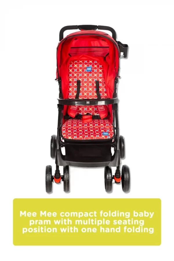 Mee Mee Compact Folding Baby Pram With Multiple Seating Position (red printed)