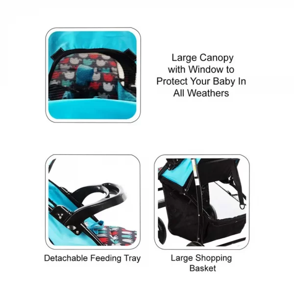 Mee Mee Compact Folding Baby Pram with Multiple Seating Position  (blue printed) - Image 2