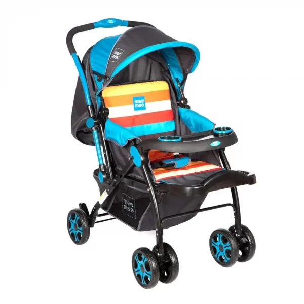 Mee Mee Advanced Baby Pram With Shock Absorber Wheels (blue printed) - Image 2