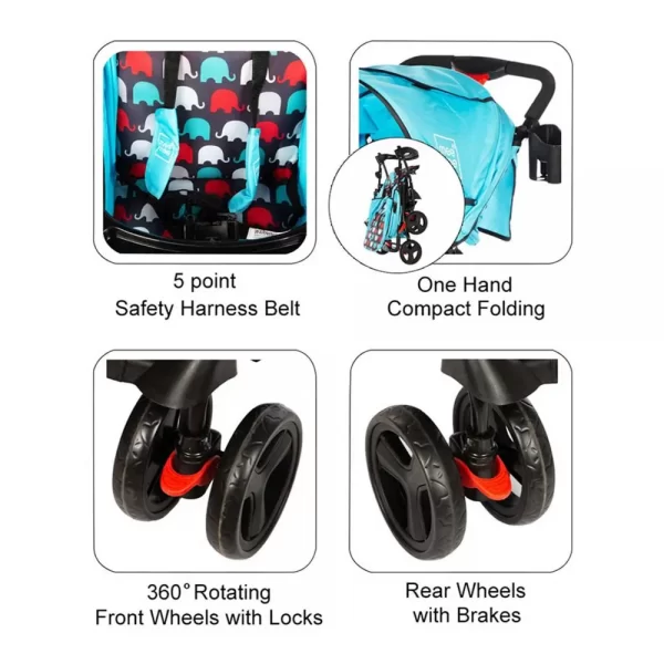 Mee Mee Compact Folding Baby Pram with Multiple Seating Position  (blue printed) - Image 3