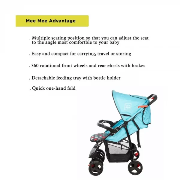 Mee Mee Compact Folding Baby Pram with Multiple Seating Position  (blue printed) - Image 5
