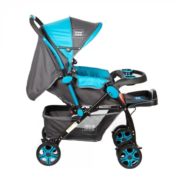 Mee Mee Advanced Baby Pram With Shock Absorber Wheels (blue printed) - Image 5