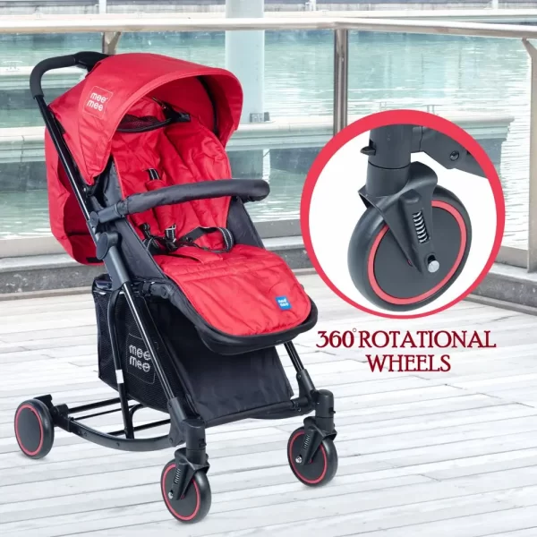 Mee Mee Premium Baby Pram With Rocker Function Rotating Wheels & Adjustable Seat  (red) - Image 3