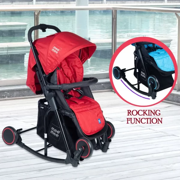 Mee Mee Premium Baby Pram With Rocker Function Rotating Wheels & Adjustable Seat  (red) - Image 4