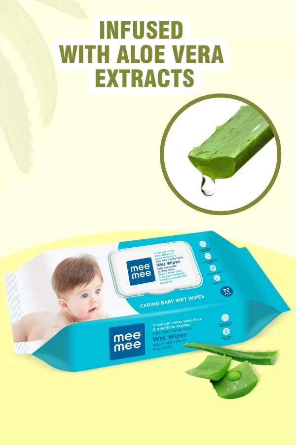 Mee Mee Caring Baby Wet Wipes With Lid, 72 Pcs (Aloe Vera, Pack Of 3) - Image 2