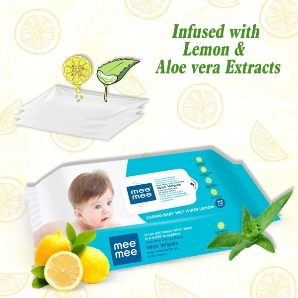 Mee Mee Caring Baby Wet Wipes With Lemon Fragrance - 72 Pcs (Pack Of 5)