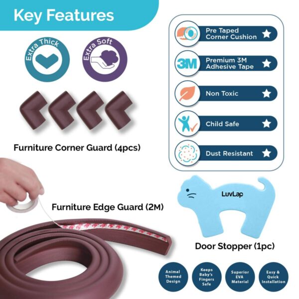 LuvLap Baby Safety Combo Pack, 2 metre Edge Protector, 4 Furniture Corner Guards, One Door Stopper - Image 3