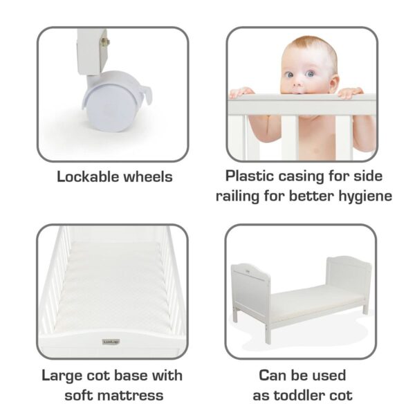 LuvLap Cot C-65 Wooden Baby Cot for Kids with Mattress, White - Image 4