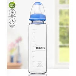 Babyhug Standard Neck Glass Feeding Bottle Blue – 250 ml