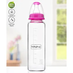 Babyhug Standard Neck Glass Feeding Bottle Pink – 250 ml
