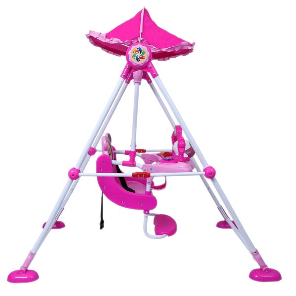Baby Swing with 3 Point Safety Harness, Musical Play Tray and Adjustable Canopy (Pink) - Image 5