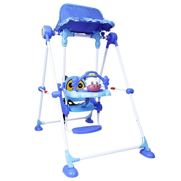 Baby Swing with 3 Point Safety Harness, Musical Play Tray and Adjustable Canopy (Blue) - Image 6