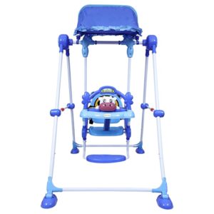Baby Swing with 3 Point Safety Harness, Musical Play Tray and Adjustable Canopy (Blue)
