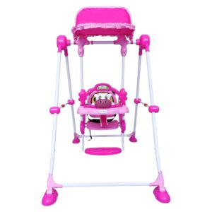 Baby Swing with 3 Point Safety Harness, Musical Play Tray and Adjustable Canopy (Pink)