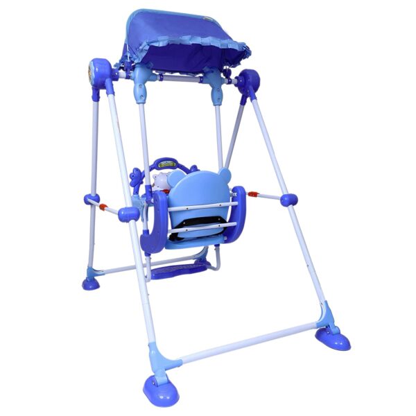 Baby Swing with 3 Point Safety Harness, Musical Play Tray and Adjustable Canopy (Blue) - Image 2
