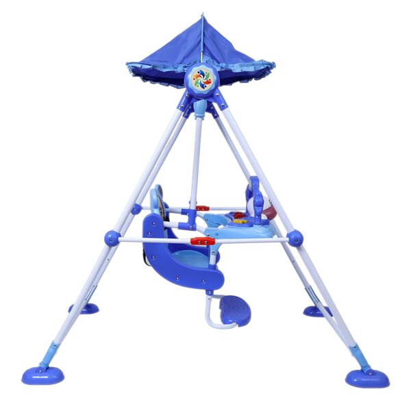Baby Swing with 3 Point Safety Harness, Musical Play Tray and Adjustable Canopy (Blue) - Image 4