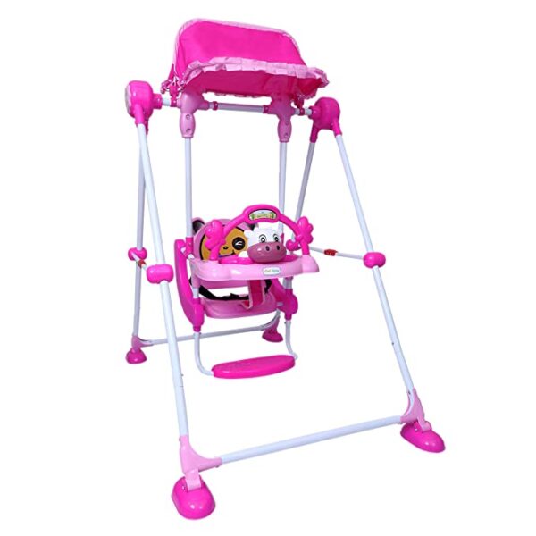 Baby Swing with 3 Point Safety Harness, Musical Play Tray and Adjustable Canopy (Pink) - Image 7
