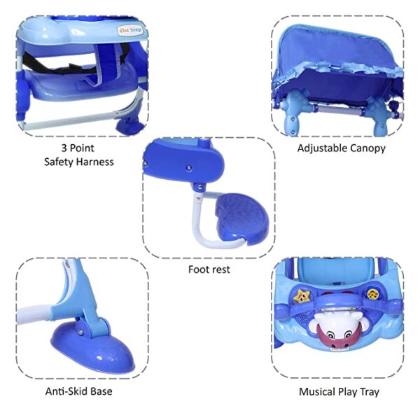 Baby Swing with 3 Point Safety Harness, Musical Play Tray and Adjustable Canopy (Blue) - Image 5
